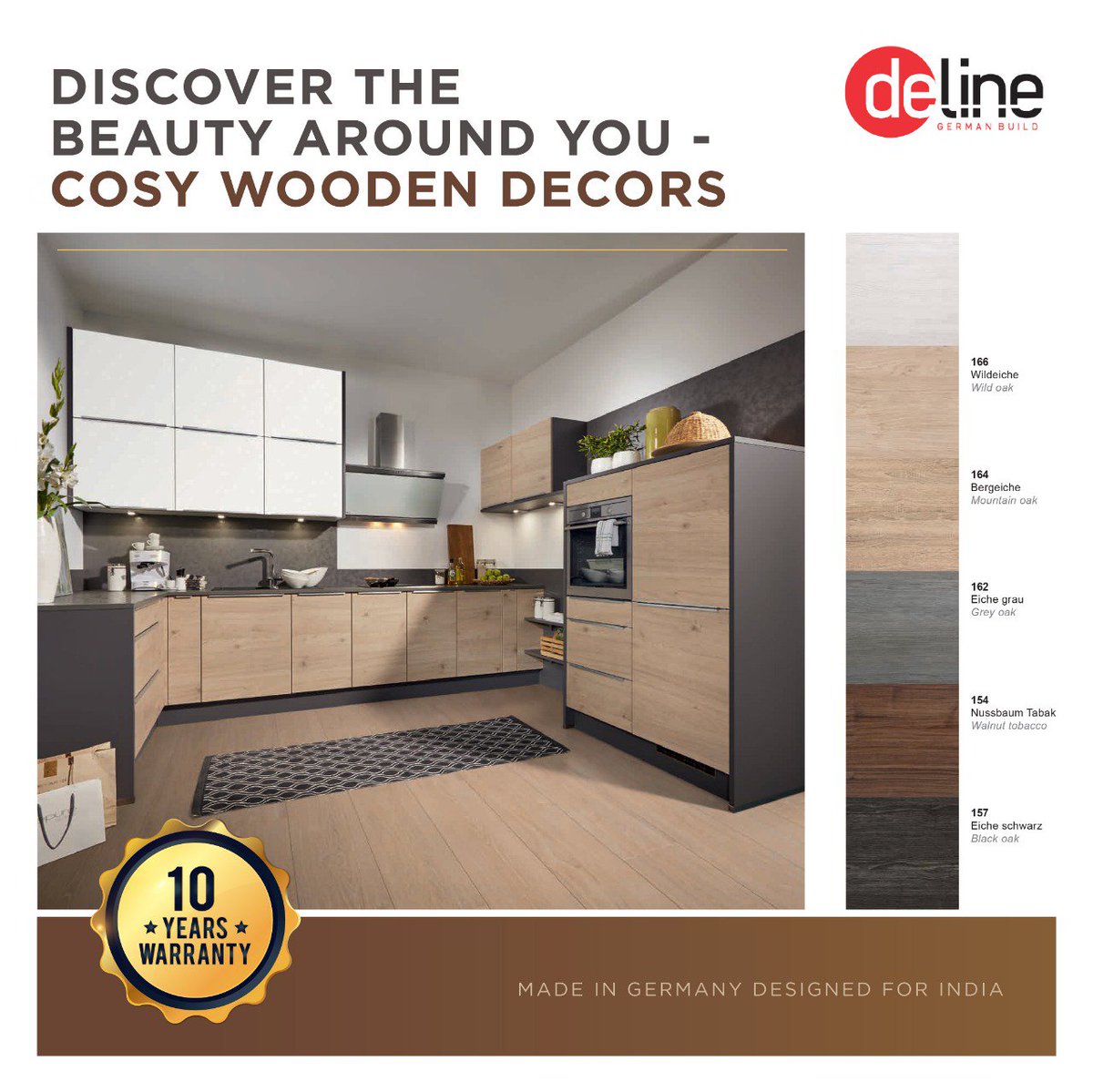 Bring depth and life to the kitchen with Deline's cosy wooden decors where Design and Lifestyle merge harmoniously.#Deline #DelineLiving #DesignsOfFuture #FurnitureDesign #ModernHome ##FuturisticLiving #ModernLiving #Kitchen #ModularKitchens #KitchenAccessories #Cabinets