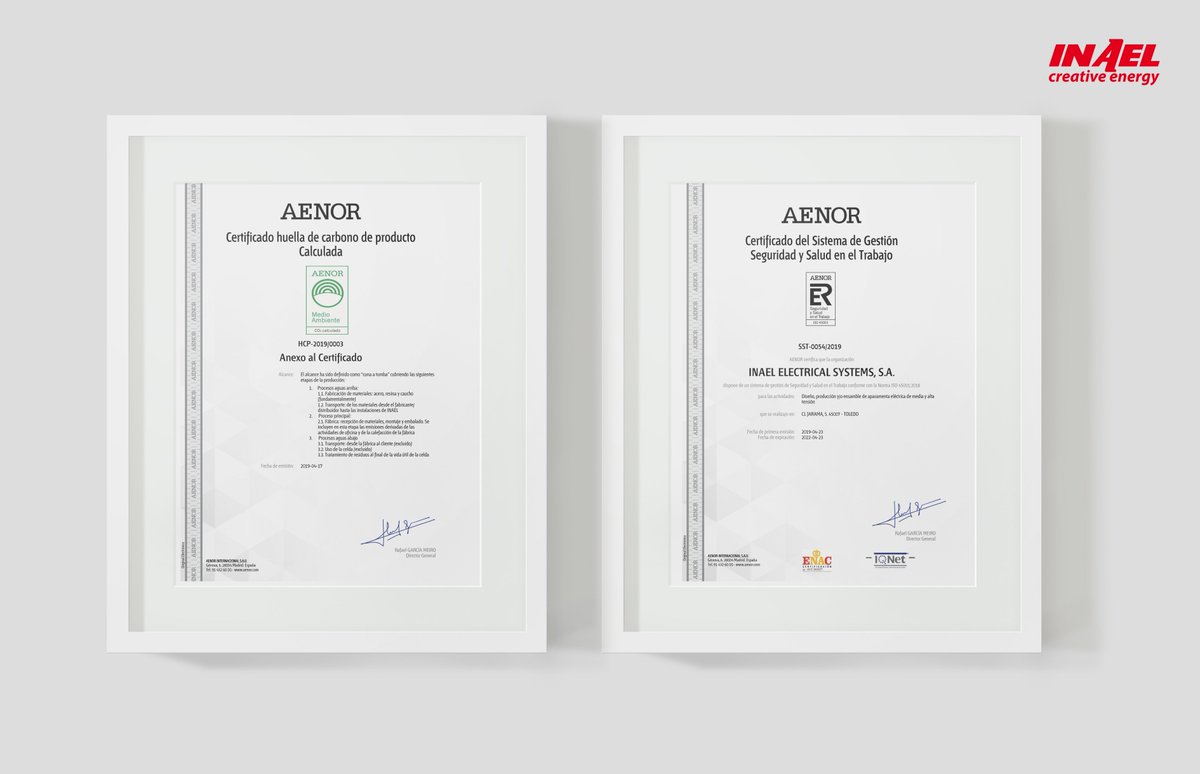 Un paso más en la calidad en todos los procesos de producción, tratamiento y gestión con los Certificado del Sistema de Gestión, Seguridad y Salud en el trabajo, y el Certificado Huella de Carbono de Producto Calculada. <a href="/Inaelgroup/">INAEL Electrical</a>