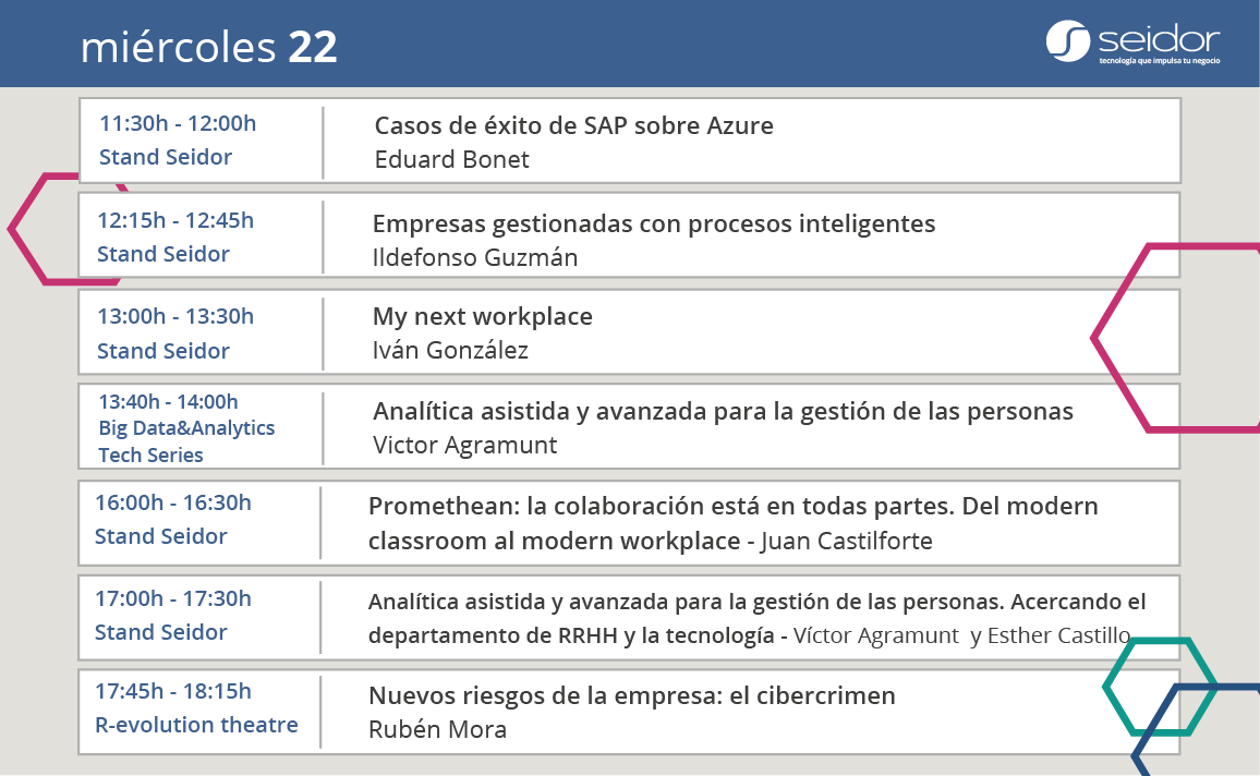 seidor's tweet photo. ¡Buenos días! Hoy tenemos una jornada muy interesante en @DES_show con contenidos sobre @SAP #Azure, #digital, #analytics y #cibercrimen. ¡No te lo puedes perder! Ven a vernos en el stand C325. Te dejamos la agenda completa para hoy 👇 
#DES2019 #Tecnología #SeidorFastForward https://t.co/eYMHKzQeMU