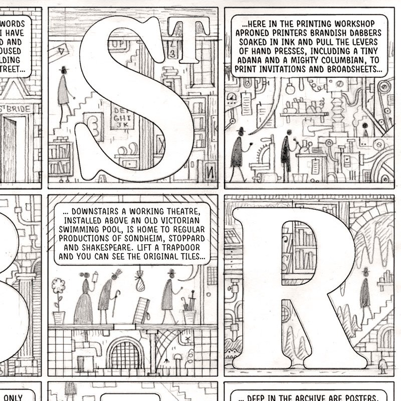 Four closeups of my @stbridelibrary poster-collaboration with @JohnLW: Rough layout > Pencil drawing > Tracing on lightbox > Ink drawing.
Get the poster here: https://t.co/JAjhRTLJp0