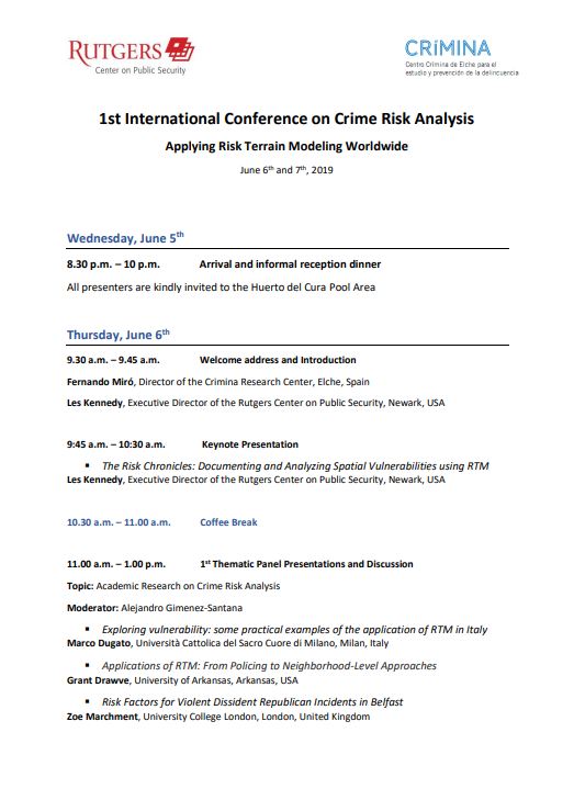 CriminaUMH's tweet image. Ya puedes consultar el programa de la I Conferencia Internacional de Análisis de riesgos delictivos, que se celebra los días 6 y 7 de junio en Elche. 
Inscripciones 📲rutgerscps.org/iccra.html 
Programa 📃 rutgerscps.org/uploads/2/7/3/…