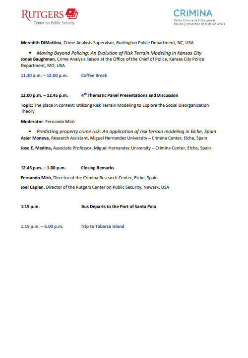 CriminaUMH's tweet image. Ya puedes consultar el programa de la I Conferencia Internacional de Análisis de riesgos delictivos, que se celebra los días 6 y 7 de junio en Elche. 
Inscripciones 📲rutgerscps.org/iccra.html 
Programa 📃 rutgerscps.org/uploads/2/7/3/…