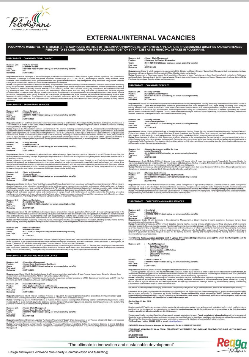 Polokwane Municipality on Twitter "VACANCIES Qualified applicants