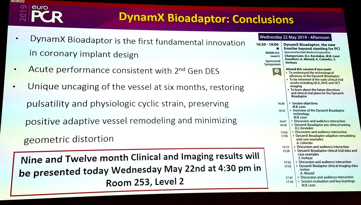 angioplastyorg's tweet photo. Dr. Kereiakes showed new stent, the Dynamx Bioadaptor (Elixir). Has interlocking segments, some of which are bioabsorbed quickly, effectively uncaging the artery. Allows natural vasomotion & possibly reduce long term NIH. N=50. Full session at 16:30, rm 253 w/Leon, Colombo et al https://t.co/F570oMUcMs