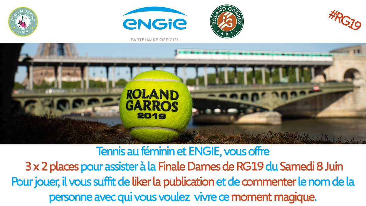 TennisAuFeminin's tweet image. ‼️Jeu-Concours @TennisAuFeminin 🔝‼️

ENGIE, partenaire du tennis féminin depuis 27 ans, vous offre la chance de vivre la Finale Dames de #RG19🇫🇷 du Samedi 08 Juin, avec la personne de votre choix 🍀

Rendez-vous sur nos comptes Instagram et Facebook pour augmenter vos chances 😍