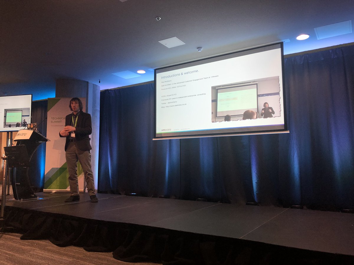 First session up with <a href="/pmcsharry/">Paul McSharry</a> on how to operationalize vSAN and HCI. Should we all be full stack engineers? #vtechsummit19