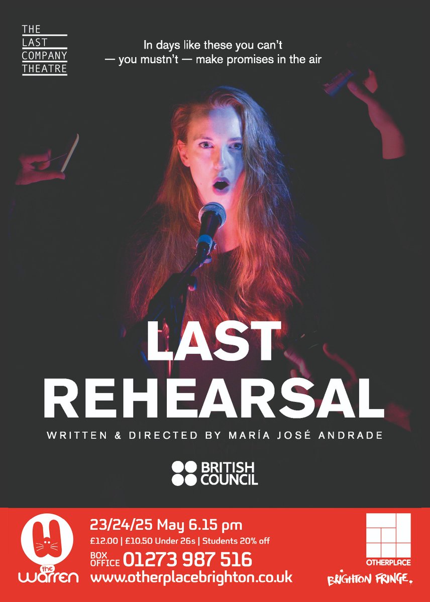 To all our followers in the Brighton area: The play Last Rehearsal by <a href="/LastCoTheatre/">The Last Company Theatre</a> will be premiering tomorrow at <a href="/WarrenTheatre/">warrentheatre</a> !
Last Rehearsal is inspired by the poem Mudanza, from the multi-award-winning Chilean writer, Alejandro Zambra. 
Tickets: otherplaceticketing.co.uk/4338/last-rehe…
