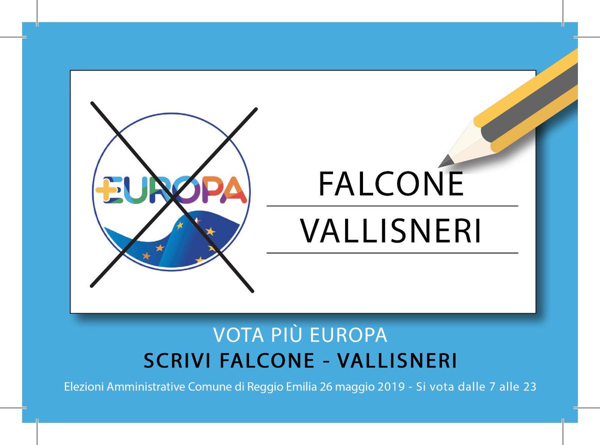 CarloFalcone3's tweet photo. #ReggioEmilia #26maggio2019 #VotaPiùEuropa #scriviFalcone #elezioniamministrative #schedazzurra #lavoro #sanità #ambiente #migrazioni #trasporti #limpensabilenovitàcontinua @Piu_Europa @lucavecchi72 https://t.co/ZfBrh6J50m