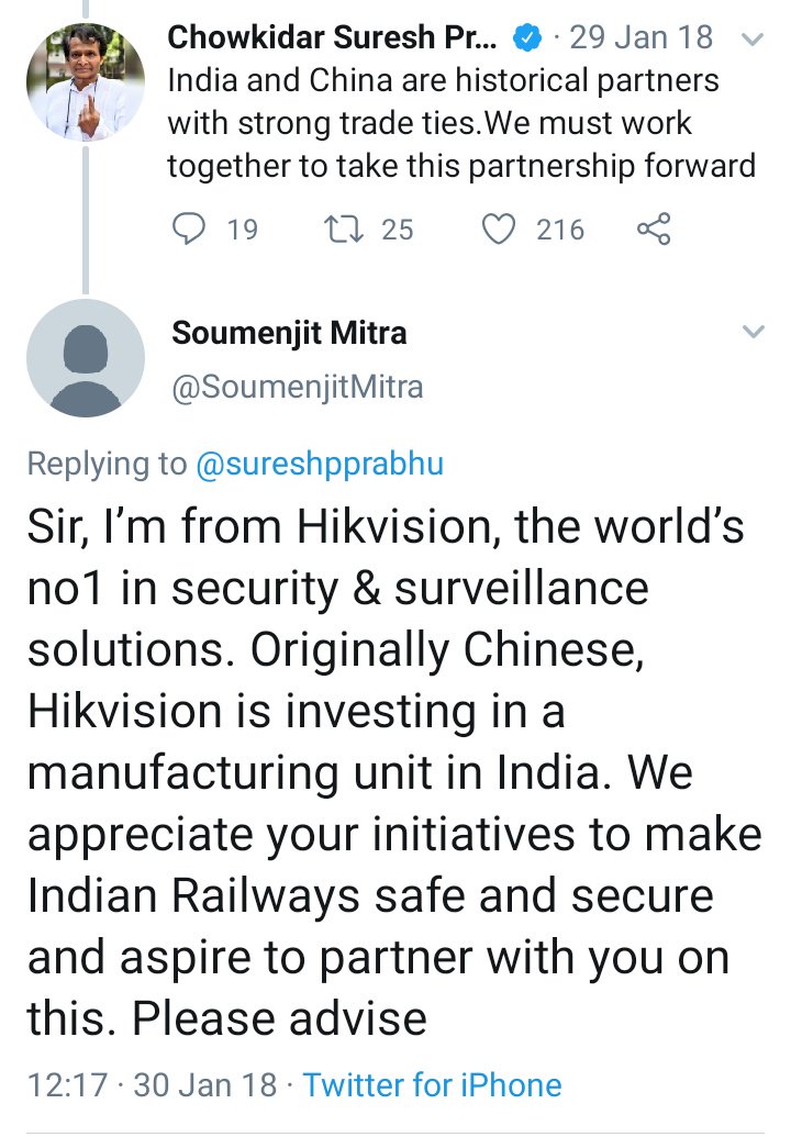 On Chinese Security and Surveillance corporation, HikVision and Indian railways.One tweet from January 2018.One from May 2018. #ChinaInIndia is Threat to the Nation, the people and the Security environment. How did these people even get clearance?