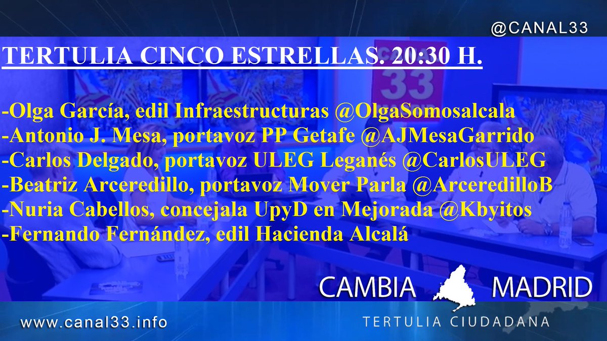 Hoy, a las 20:30 h., Tertulia Cinco Estrellas con <a href="/CarlosULEG/">Carlos Delgado Pulido</a> <a href="/UnionporLeganes/">ULEG</a> <a href="/OlgaSomosalcala/">olga garcia</a> @SomosAlcala <a href="/AytoAlcalaH/">Ayuntamiento de Alcalá de Henares</a> <a href="/PSOEAlcaladeH/">PSOE de Alcalá de Henares /❤️</a> <a href="/AJMesaGarrido/">Antonio José Mesa</a> <a href="/PPGetafe/">PP Getafe</a> <a href="/ArceredilloB/">Beatriz Arceredillo</a> <a href="/MOVERParla/">MOVER Parla</a> <a href="/Kbyitos/">Nuria Cabellos</a> <a href="/UPYDmejorada/">UPYD Mejorada</a> <a href="/UPYD/">UPYD</a> 

En directo, TDT Madrid <a href="/ComunidadMadrid/">Comunidad de Madrid</a> <a href="/MADRID/">Ayuntamiento Madrid</a>