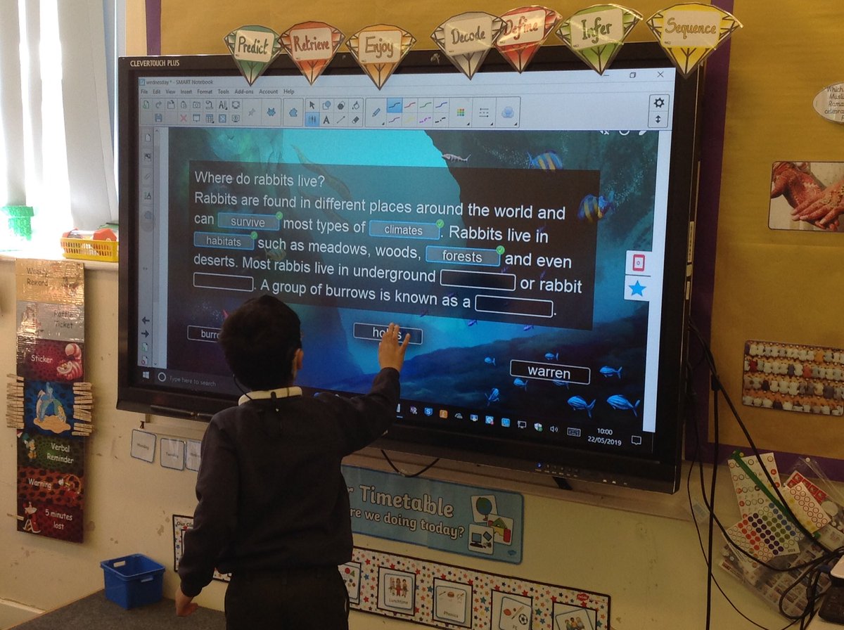 PindersPrimary's tweet image. Year 2 used the smart fill in activity in English to show what they knew about rabbit habitats . They then had a go at writing their own information section about rabbit habitats.#SMART_tech