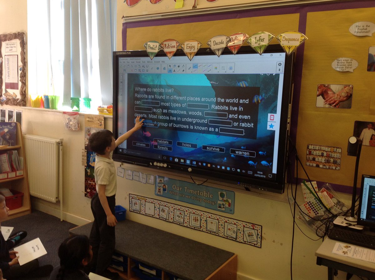 PindersPrimary's tweet image. Year 2 used the smart fill in activity in English to show what they knew about rabbit habitats . They then had a go at writing their own information section about rabbit habitats.#SMART_tech