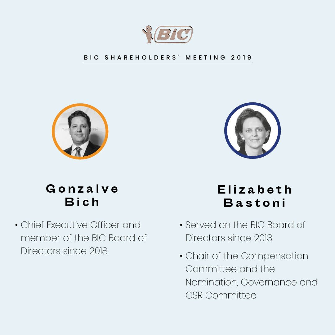 BICGroup's tweet photo. [Shareholders' Meeting 2019] Congratulations to Gonzalve Bich and Elizabeth Bastoni for their reappointment to the #BIC Board of Directors. #BeingEssential https://t.co/edBX3RbFtA