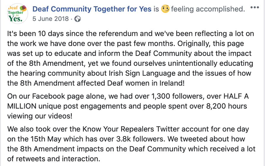leesonl's tweet photo. @CarolineMcTweet @GaRoDean @Lawyers4Choice Here is the screenshot I used to illustrate that very point - right from the #DeafCommunityTogetherforYes Facebook page. https://t.co/qrzDq4b08b