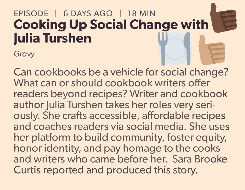 Today's podcast rec, #gravypodcast from <a href="/southfoodways/">Southern Foodways Alliance</a>, packs a ton into a short episode: the responsibility that comes with privilege, how food gets in to your body, culture and community. AND when you're done, check out <a href="/turshen/">Sharon Turshen</a> and her podcast and general awesomeness 😎