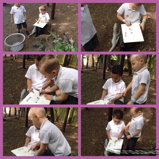 StMaryStBen's tweet image. EYFS nursery children scaffold each other's learning #learningfromoneanother #dinosaurmenuwriting