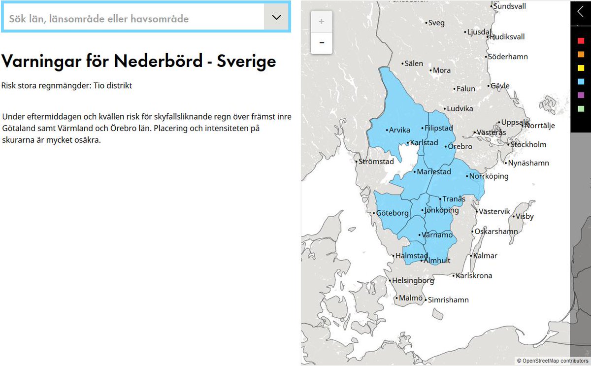 SMHIvader's tweet photo. Risken för stora #regnmängder för eftermiddagens och kvällens #regn- och #åskskurar är utökad. För mer info om utfärdade #risker och #varningar se: https://t.co/SKBjpW9EDM https://t.co/RsW1nRTg8u