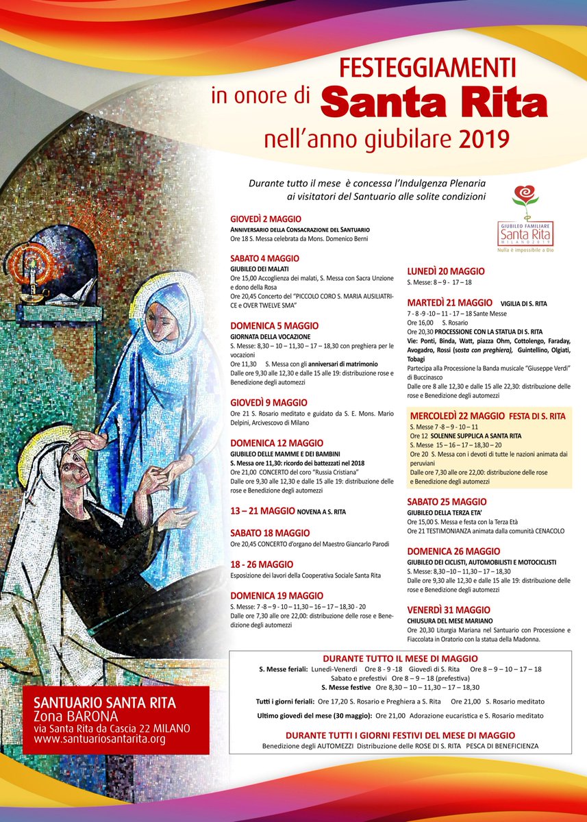 GiubileoR's tweet photo. #22maggio #SantaRita Manifesto eventi mese di maggio #eventimaggio #santaritaallabarona #barona #milano #giubileodisantarita #giubileostraordinario #giubileofamiliare #santaritamilano #milanobarona #ritaconnoi # milano2019 #eventimilano #nullaèimpossibileadio https://t.co/RQzMwsCU5A