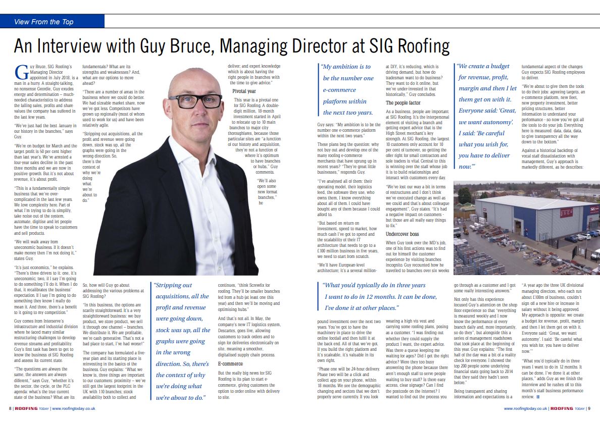 RoofingToday's tweet photo. “My ambition is to be the number one e-commerce platform within the next two years.”- Guy Bruce, Managing Director at @SIGRoofing, spoke to #Roofing Today about his #ambitions for the future of the company. #RTMayEd #ViewFromTheTop https://t.co/NEMVPrYH8k #pg8 https://t.co/ZOl9pcAWLk