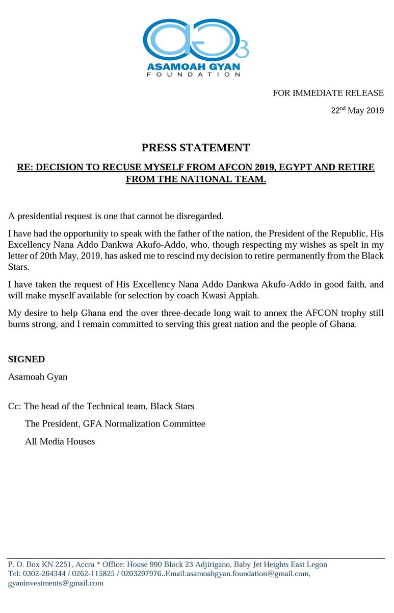ASAMOAH GYAN (@asamoah_gyan3) on Twitter photo A presidential request is one that cannot be disregarded.
I have taken the request of His Excellency Nana Addo Dankwa Akufo-Addo in good faith, and will make myself available for selection by coach Kwasi Appiah to help win the AFCON trophy <a href="/AnimSammy/">Sammy Anim Addo</a> <a href="/PrinxRandy/">Cobby Afriyie</a> <a href="/BaffourGyan4/">Baffour Gyan</a> A presidential request is one that cannot be disregarded.
I have taken the request of His Excellency Nana Addo Dankwa Akufo-Addo in good faith, and will make myself available for selection by coach Kwasi Appiah to help win the AFCON trophy <a href="/AnimSammy/">Sammy Anim Addo</a> <a href="/PrinxRandy/">Cobby Afriyie</a> <a href="/BaffourGyan4/">Baffour Gyan</a>