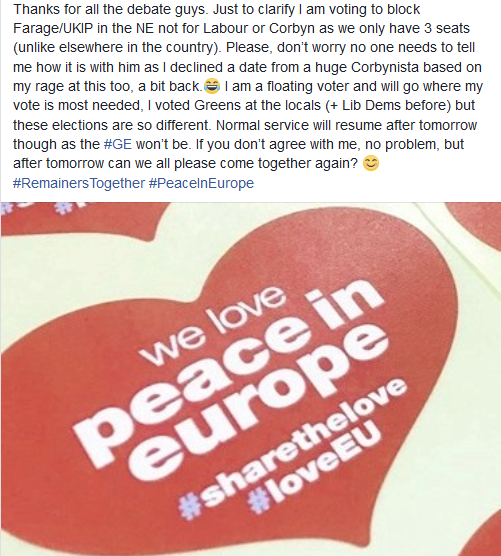 brow_la's tweet photo. Voting to stop Farage not for Labour/Corbyn as NE only has 3 seats. Don’t have to tell me how it is w him after declining a date w a Corbynista due to my rage at this.😂 If you don't agree, no problem but after tomorrow can we all come together again?#RemainersTogether #Peace https://t.co/XWfza5bhIZ