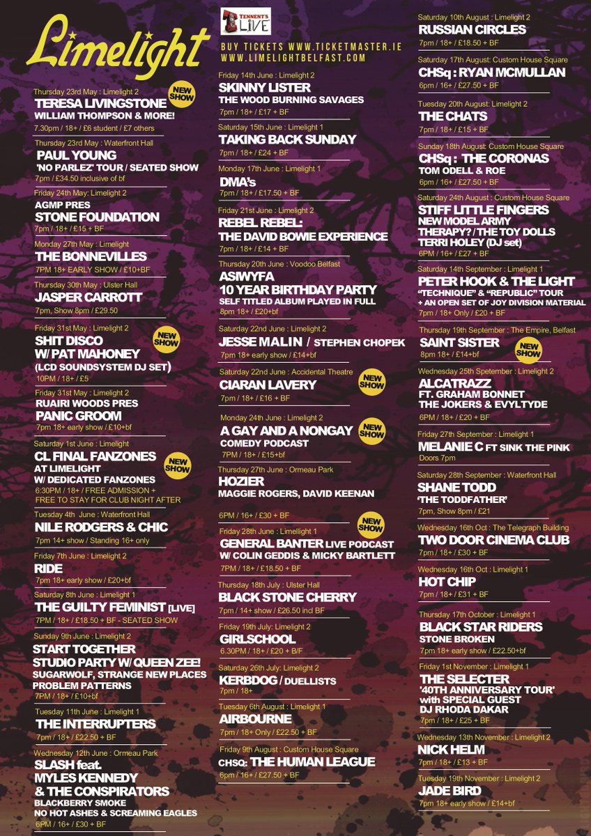 🚨<a href="/LimelightNI/">Limelight Belfast</a> weekly listings ticket competition🚨

🔁RT, FOLLOW us + REPLY with which gig you'd love to go to &amp; you could WIN a pair of tickets! 

🎟Winner announced Friday // tickets on sale from Ticketmaster &amp; <a href="/KatysBar/">Katy's Bar</a>