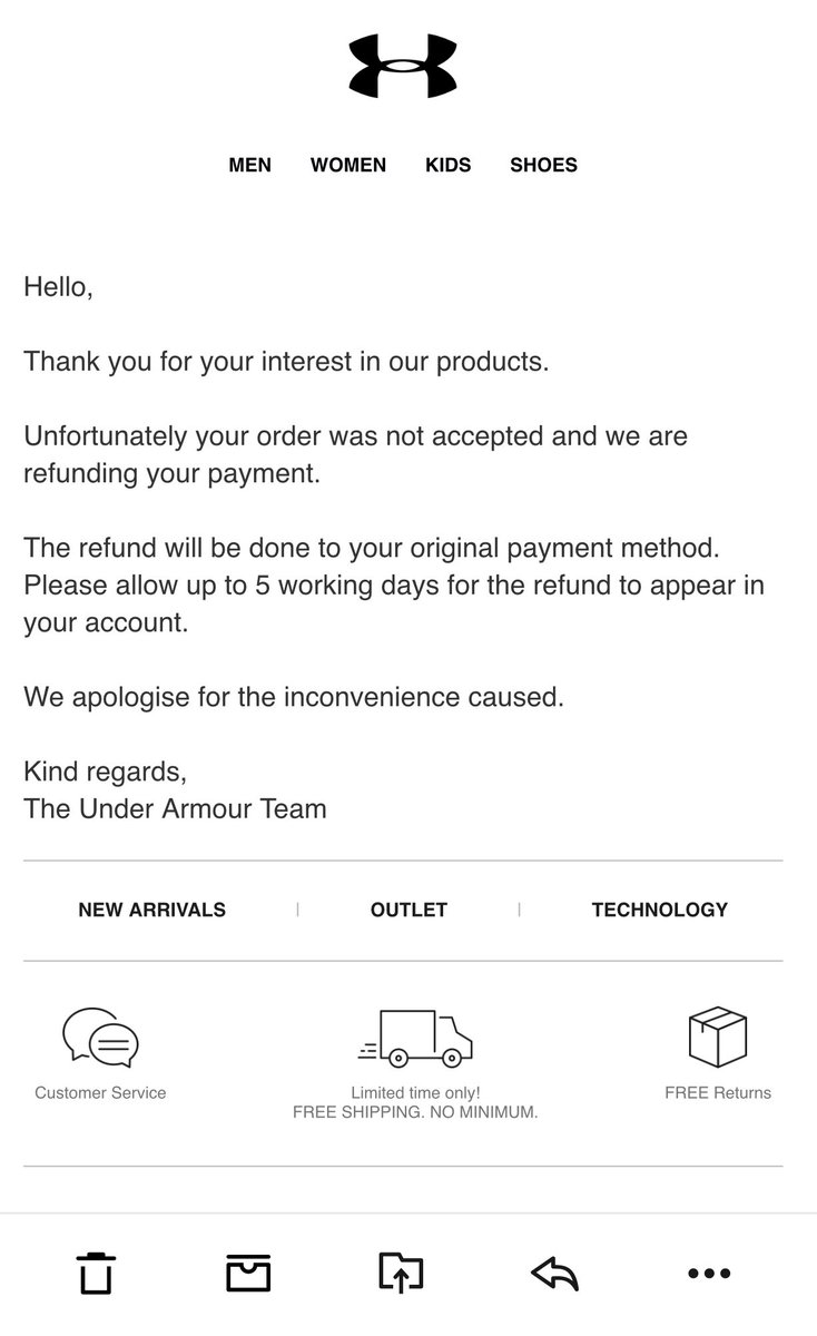 stephenjyoung74's tweet photo. I order tops from Under armour advertised for £8.80. They may have realised advertised wrong price on these. Cancel order, then have balls to say have to wait 5 days for refund #disgrace.. https://t.co/HL5rgfOyvX