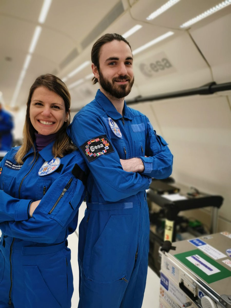 GrapheneEU's tweet photo. Fabiola Liscio (@graphenefactory) and Jeremiah Marcellino (@GrapheneUCam) are ready for today's #ESA0G flight! ✈
They will test the performance of #graphene loop heat pipes, devices that will be used to better cool down satellites 🛰 and other spacecraft 🚀 https://t.co/ZP57hLIiEU