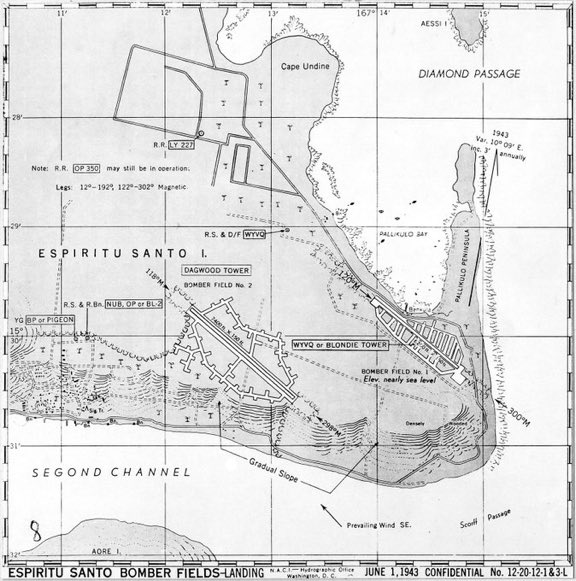 BarbaraPAuthor's tweet image. A great #map from June 1943 of #Bomber #Airfields 1 and 2 on Santo. Of greatest interest are the names of the control towers at each field. Bomber #1 being Blondie and Bomber #2 being Dagwood.The names are an obvious reference to the famous #comic strip of the day 'Blondie. #WW2