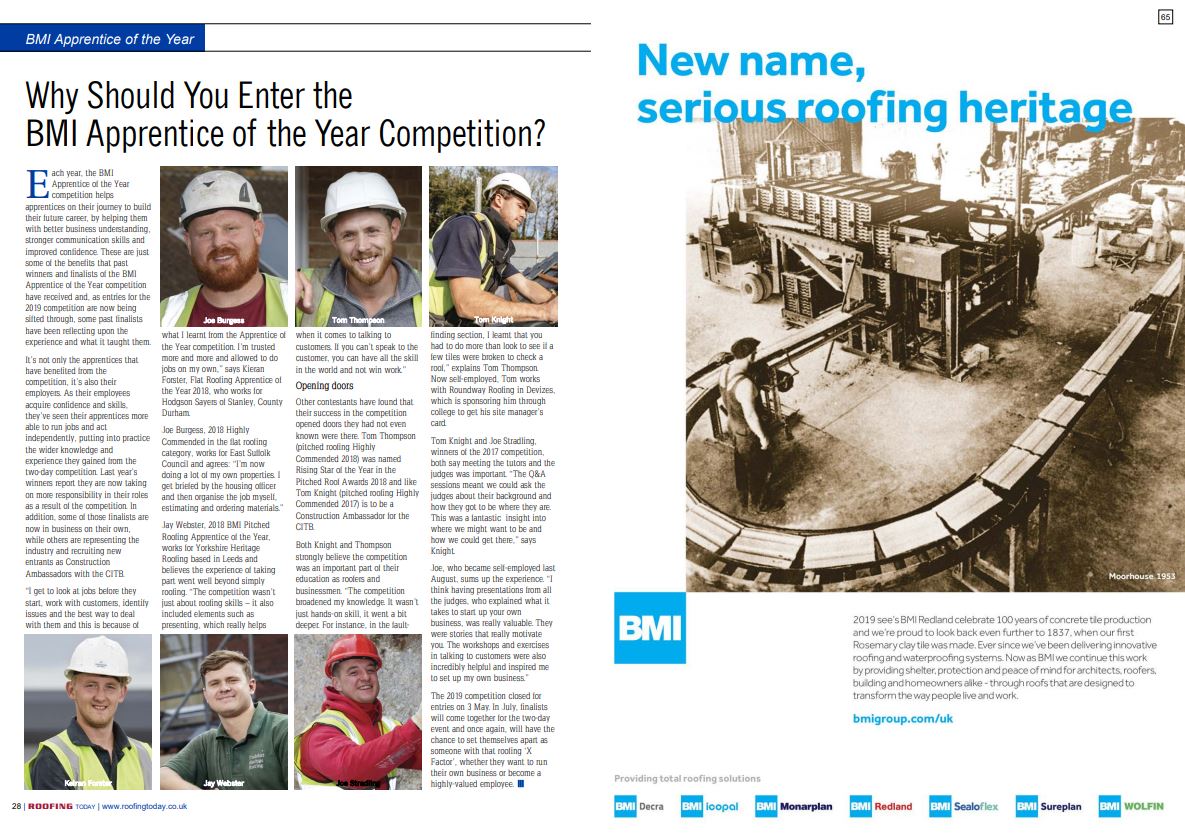 RoofingToday's tweet photo. Each year, the #BMI #Apprentice of the Year competition helps apprentices on their journey to build their future #career. Read all about the #competition in the #RTMayEd #Pg28. @BMIUKandIreland @Icopal_UK #Roofing https://t.co/NEMVPrYH8k https://t.co/yAkc34Rv79