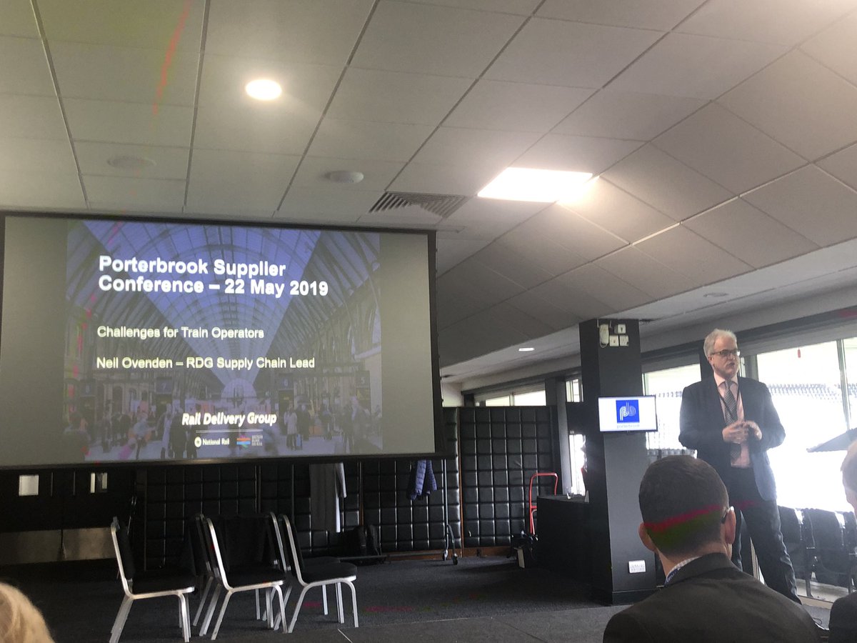 railindustry's tweet photo. Neil Ovenden, supply chain lead at @RailDeliveryGrp presenting on the Challenges for train operators at the @PB_Leasing Supplier Conference #rail #trainoperators @MidlandsRail https://t.co/1QH84vqHLL