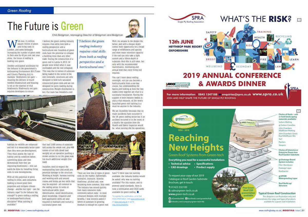 RoofingToday's tweet photo. “I believe the green #roofing industry requires vital skills from both a roofing perspective and a #horticultural one.”- Chris Bridgman, Managing Director of @BridgmanLscapes discusses the future of #green roofing in the #RTMayEd #Pg50 https://t.co/NEMVPsghZS https://t.co/tnP83lOusH