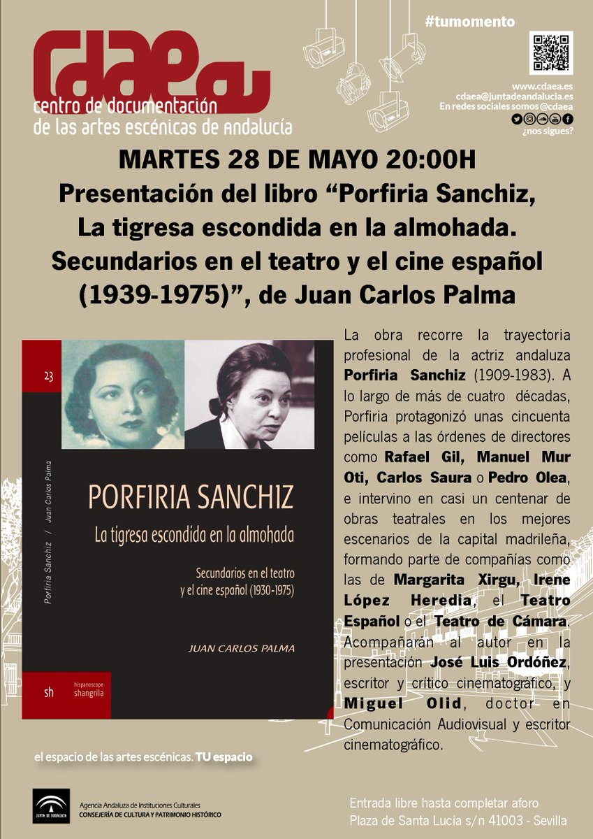 JCPalmaMacias's tweet photo. El próximo martes 28 de mayo os esperamos @miguel_olid @jlordonez237 y un servidor para hablar de cine, teatro y, sobre todo, de #porfiriasanchiz en el Centro de Documentación de las Artes Escénicas de Andalucía @CulturaCuenta @ShangrilaTextos #cdaea https://t.co/KhNJlwl53C https://t.co/f8559yf0PG
