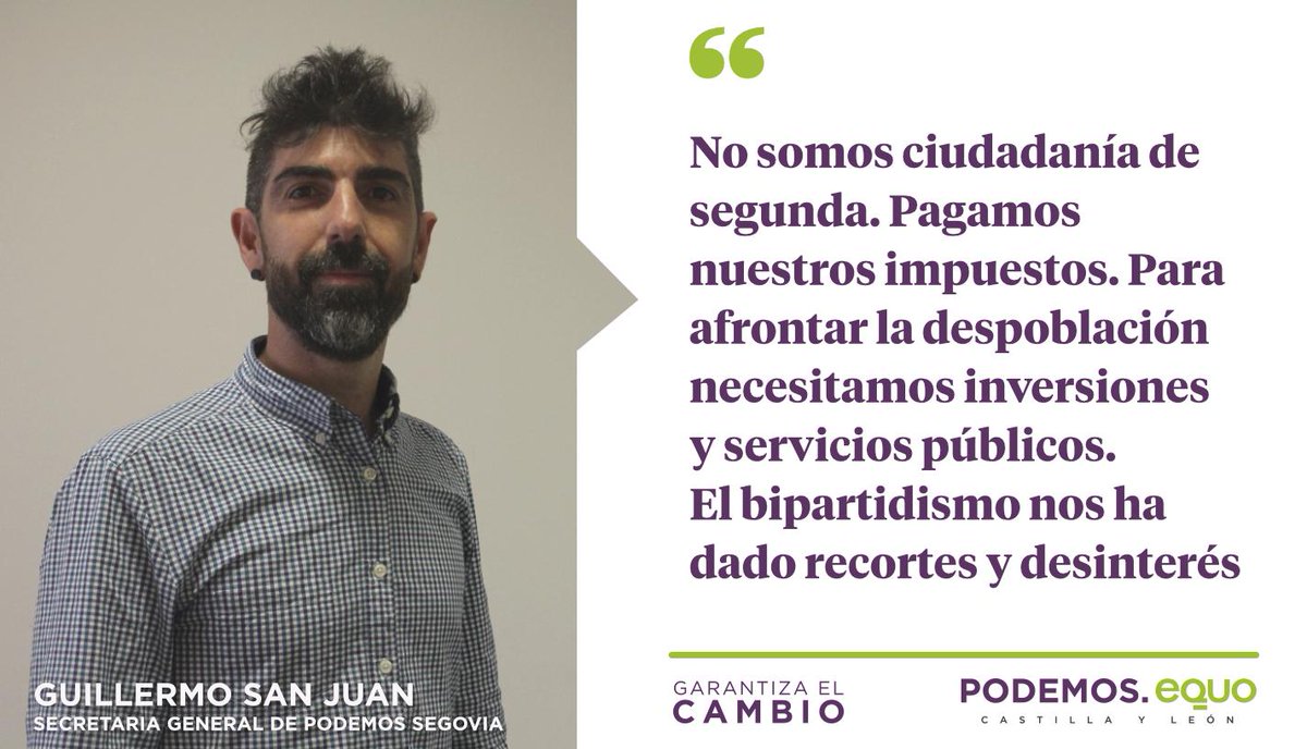 Podemos_CyL's tweet photo. “No somos ciudadanía de segunda. Pagamos nuestros impuestos. Para afrontar la despoblación necesitamos inversiones y servicios públicos. El bipartidismo nos ha dado recortes y desinterés”
@GuilleSanJuanbe, candidato a la alcaldía de Segovia.
#GarantizaElCambio #PrimaveraCyL https://t.co/yeVxScaLm8
