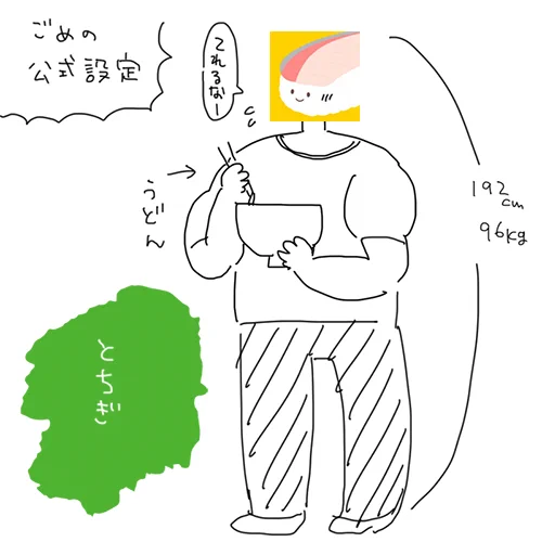 【ごめの公式設定】
身長:192cm
体重:96kg
性格:照れ屋
好きな食べ物:うどん
出身地:栃木県

どこにでもいる普通の人間。モブキャラ。
#あなたの公式設定
https://t.co/MWb7QpGL2M 