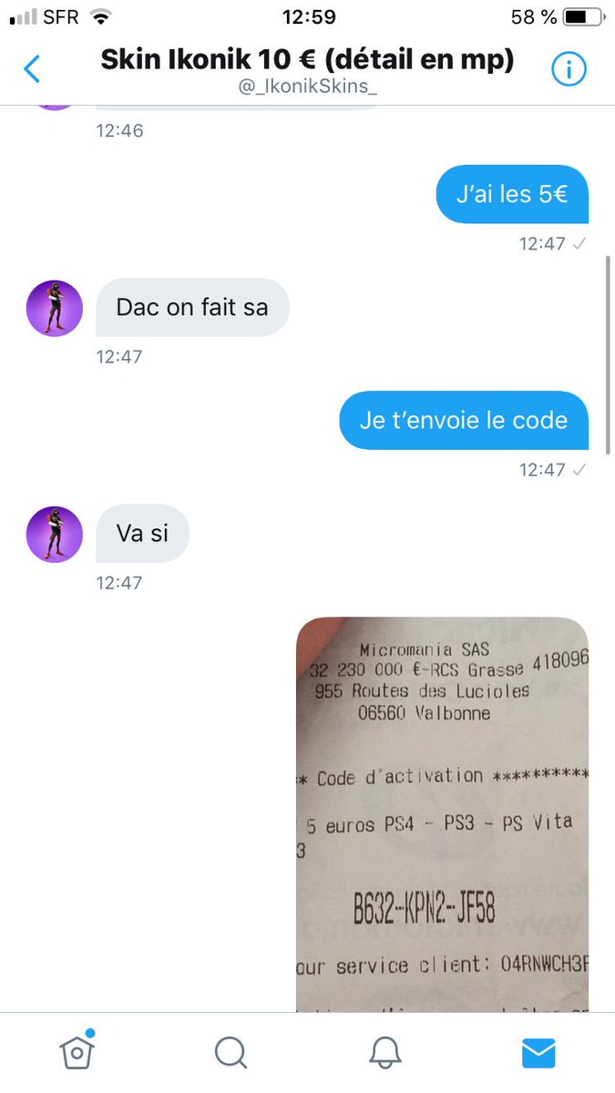 thewolf81536310's tweet photo. @_IkonikSkins_  c’est un arnaqueur le code je l’ai acheté a micromania et le jour même et il me dit qu’il marche pas je peux pas l’utiliser j’ai une xbox j’espère que t’es fière de toi clochard https://t.co/29WrCogjnF