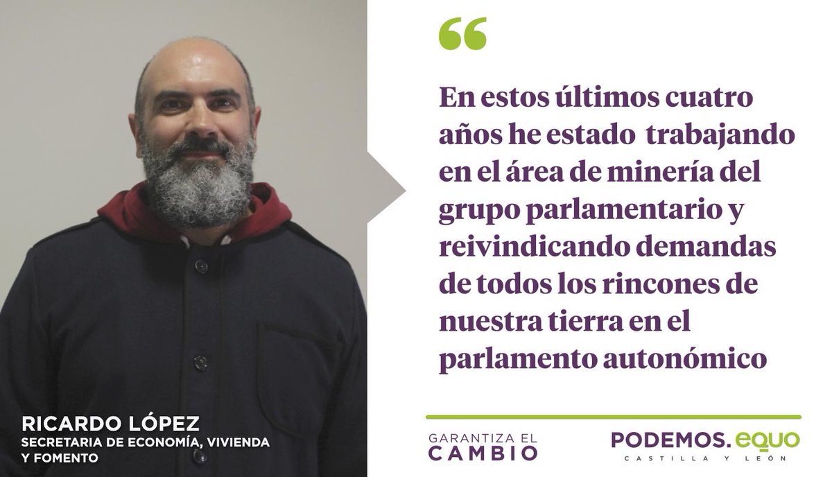 Podemos_CyL's tweet photo. "En estos estos últimos cuatro años he estado trabajando en el área de minería del grupo parlamentario y reivindicando demandas de todos los rincones de nuestra tierra en el parlamento autonómico”
@RicarLP, candidato a las @Cortes_CYL por Palencia
#GarantizaElCambio #PrimaveraCyL https://t.co/dSovT7pbGX