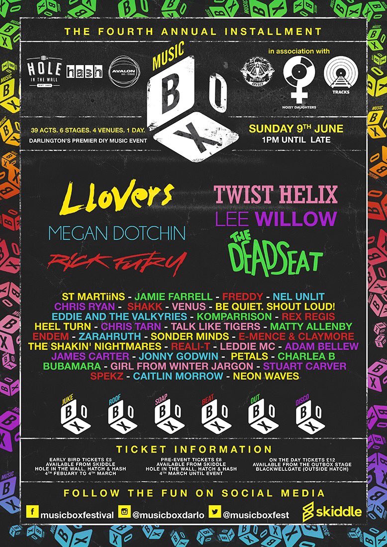 musicboxfest's tweet image. ⚡️🔥💥 NOT LONG!!! 💥🔥⚡️ 

Sun 9th Jun - Music Box No. 4

Darlington&apos;s premier DIY music festival (in its fourth year) featuring a load of lovely artists from a wide range of genres. 
🎤🎹🎺🎸🥁

🎟 Online Tickets £8 (+bf) - bit.ly/MusicBoxDton 

👇👇👇👇👇👇👇👇👇👇