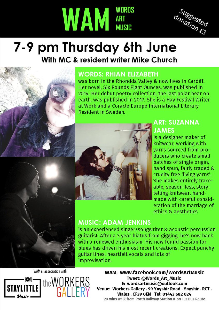 Our next edition of #WAM takes place on Thursday June 6th at @wood4tt, featuring;
Words • Rhian Elizabeth
Art • <a href="/jamesuzanna/">Suzanna James</a>
Music • Adam Jenkins
Plus MC &amp; Resident Writer <a href="/MikeChurchpetra/">Mike Church</a>
Head to the event page for more details! facebook.com/events/3385259…