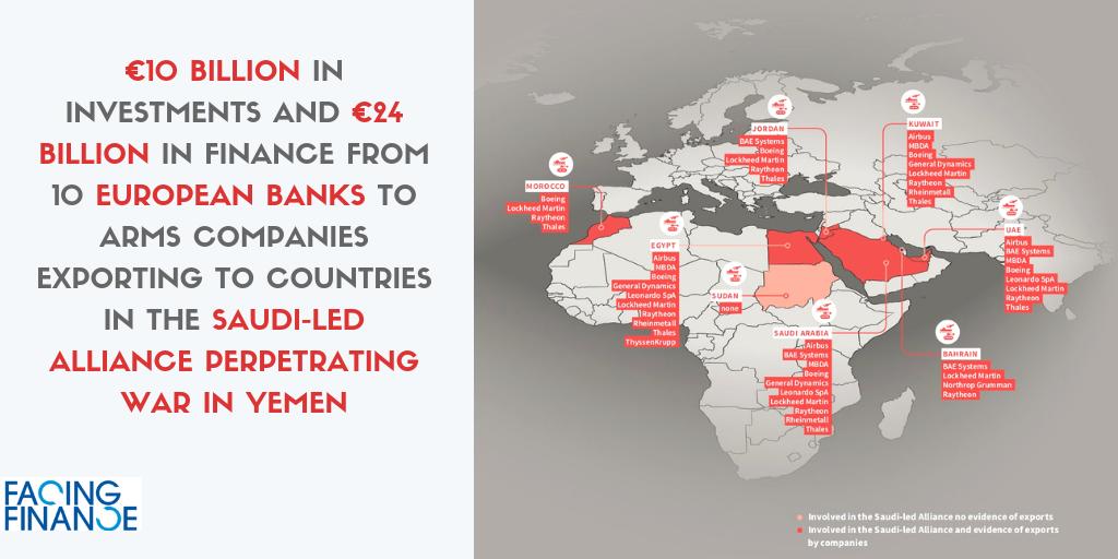 FacingFinance's tweet photo. Despite many calls for halt in arms sales to Saudi Arabia amidst IHL violations in #YemenWar, new report #DirtyProfits shows arms companies - funded by European banks- continue massive exports. #divestWar #ethicalfinance https://t.co/W0nW3io3A0 https://t.co/jC06yr59Mb