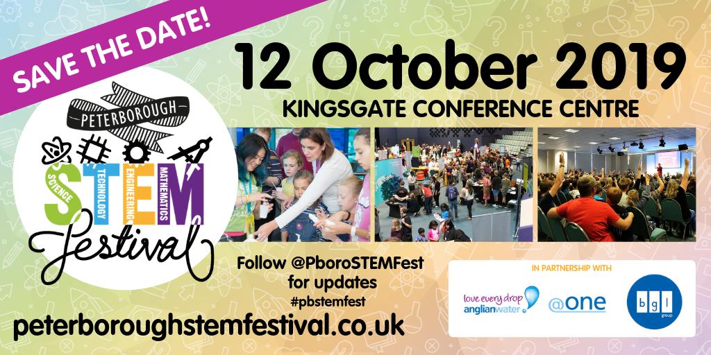 PboroSTEMFest's tweet photo. SAVE THE DATE! #PBSTEMFest is back! 
Mark it in your calendars - October 12th 2019 Bigger and better than ever before, 2019 looks set to be an amazing event with some fantastic guest speakers, engaging activities, merchandise and more! RT for your friends. Tickets avail soon! https://t.co/emRIMRXw1f