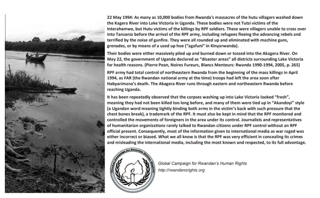 HutuGenocide's tweet photo. 22 May 1994: over 10,000 bodies from #Rwanda's massacres of the hutu villagers washed down the Kagera River into Lake Victoria in #Uganda. These bodies were not #Tutsi victims of the Interahamwe, but #Hutu victims of the killings by #RPF soldiers. #HutuGenocide #WeWontBeSilent https://t.co/2FXyZPmJ2l