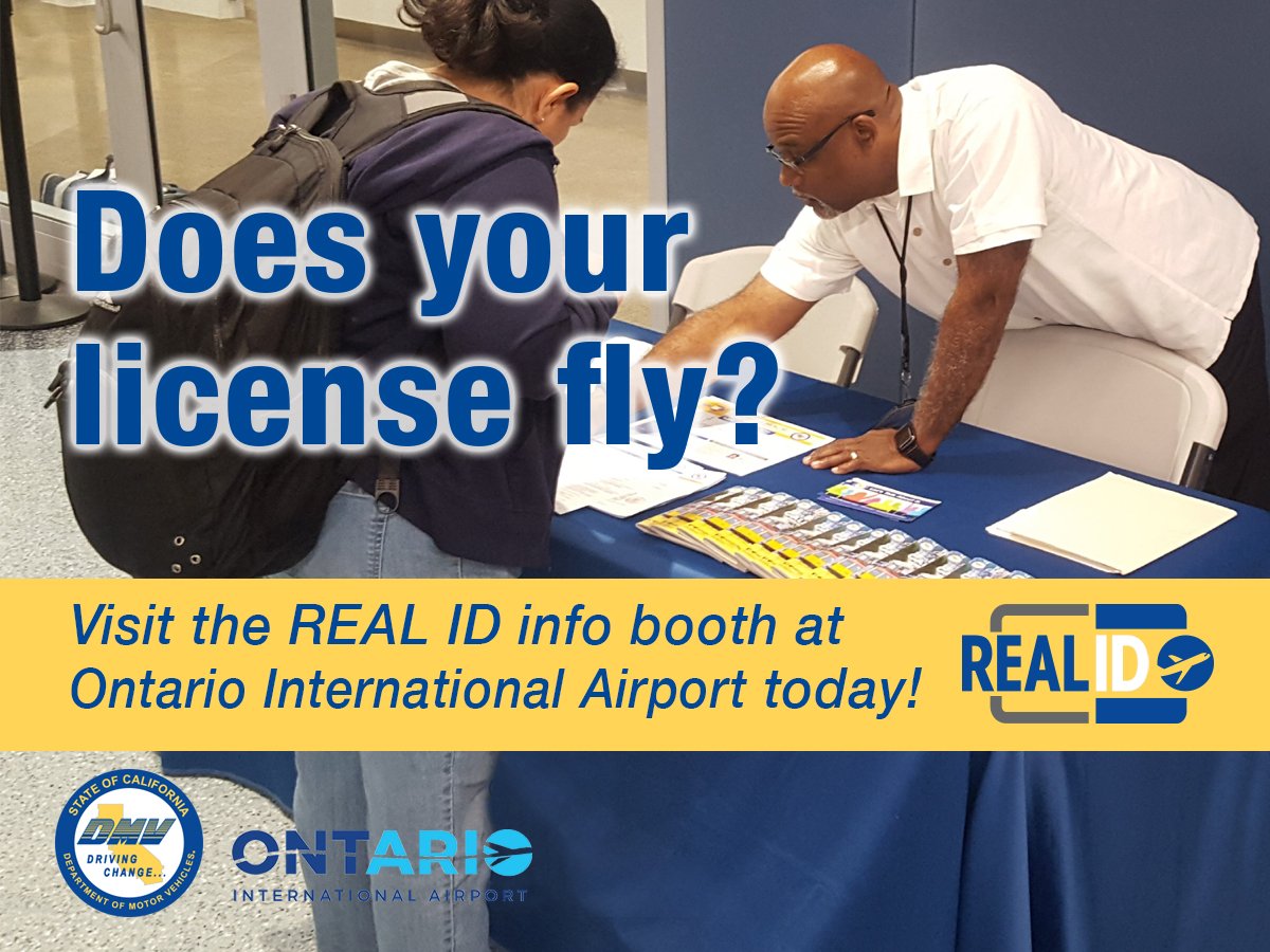CA_DMV's tweet photo. The DMV teams up with @flyONT to inform travelers about #REALID driver licenses &amp; identification cards. New federal identification requirements for passengers flying within the US begin Oct. 1, 2020. Learn more here: https://t.co/I9BHo67UVo https://t.co/3ggGyzohEf