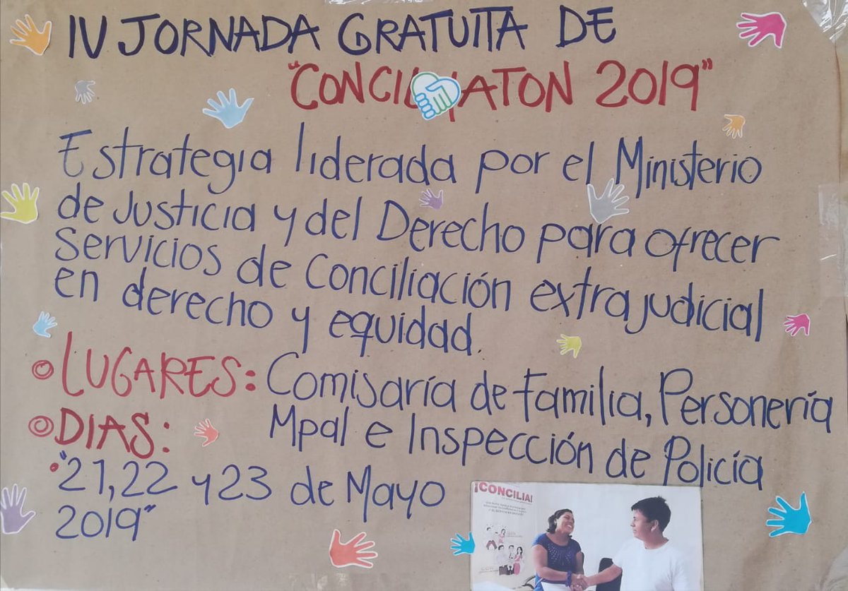 La alcaldía de Sabanalarga, invita a la CONCILIATON NACIONAL 2019, los días 21, 22 y 23 de mayo, los interesados pueden acercarse con su caso a la Casa de la Justicia  y la alcaldía municipal con la Inspección de policía.