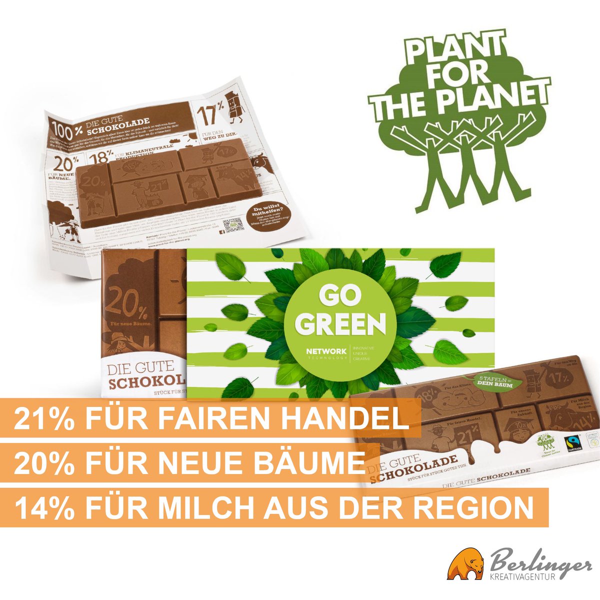 Die gute Schokolade. Stück für Stück gutes tun. Pro 5 verkaufte Schokoladen wird ein Baum gepflanzt. Leute esst mehr Schokolade! #fairtrade #klimaneutral #eco #marketing #berlinger #sweet #werbemittel #events #promotion #hamburg