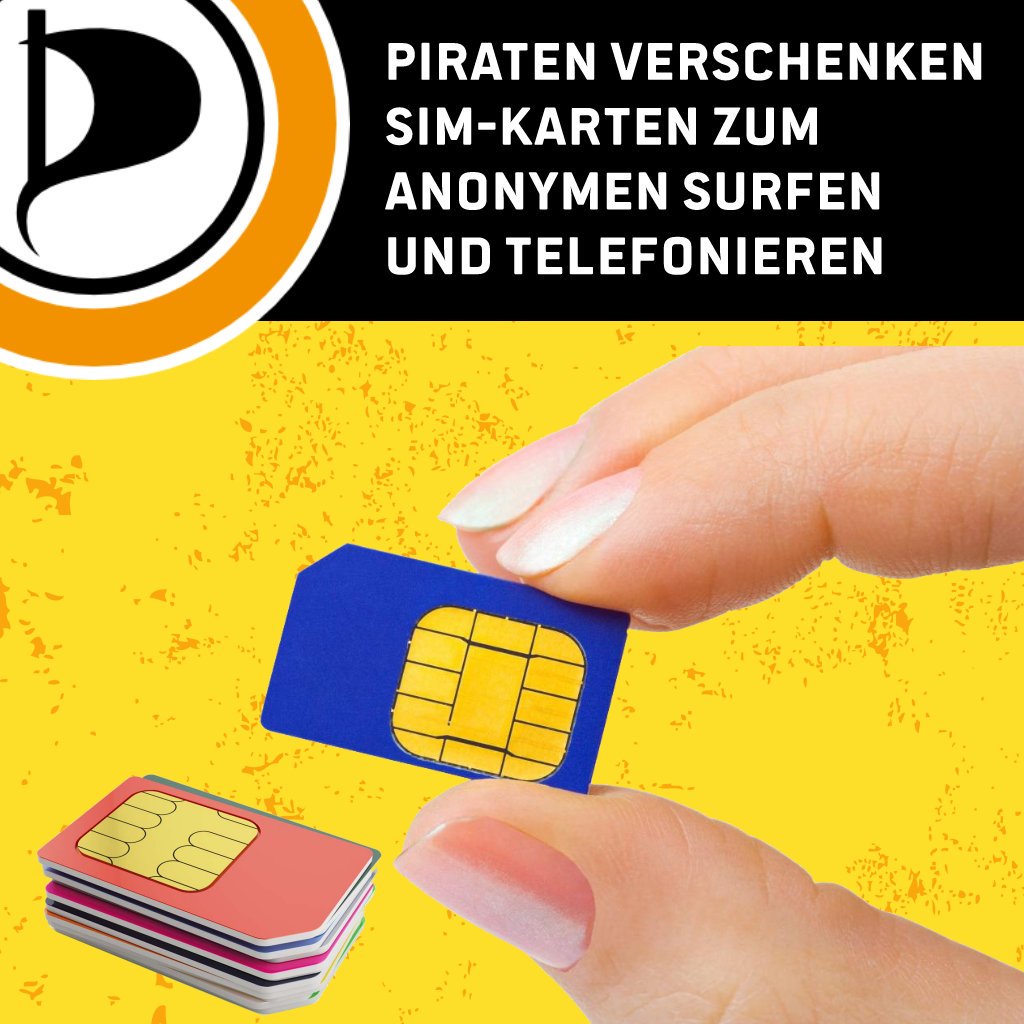 PIRATEN_Saar's tweet photo. Wir #PIRATEN verschenken bereit freigeschaltete SIM-Karten zum anonymen Surfen und Telefonieren. Meldet Euch einfach bei uns! #Simkarten trotz genereller Ausweispflicht der #NIEmehrCDU https://t.co/z0upYd9HRM https://t.co/80DkMvUzQH