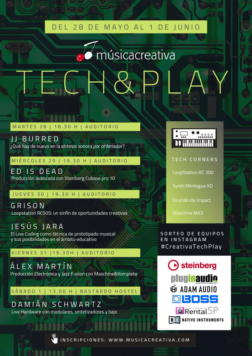 musicacreativa's tweet photo. El ciclo #CreativaTechPlay, resultado de nuestra apuesta por la tecnología aplicada a la música, reunirá en unos días a profesionales como @grisonbeatbox (@LaResistencia), @Ed_isDead, @oxident, #DamiánSchwartz, @jjburred y @electroverbena Inscripciones: https://t.co/Gcvn1y70R5 https://t.co/isi5Ngd4cg