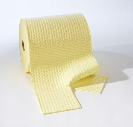 Chemical Absorbent Roll 30cm x 43m SC-08-305-B
 Yellow, medium weight chemical absorbent roll
For absorbing fluids, acids and alkalis
Designed for the containment of large liquid spills
Dimpled, Perforated, Layer of spun-bond
Dimensions 30cm wide x 43m
Absorbency per roll 44 ltr