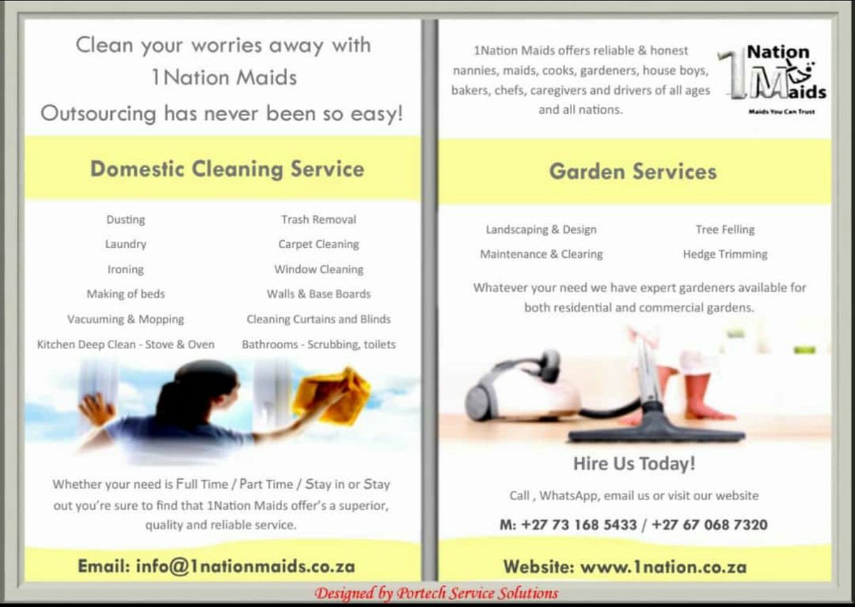 PortechService's tweet image. Clean your worries away with @1Nationmaids. Don't Delay, contact Lefa for your free quote today on 073 168 5433 or 067 068 7320. This ad is brought to you by Portech Service Solutions! #cleans #Johannesburg #Durban #Portelizabeth #pretoria #mpumalanga