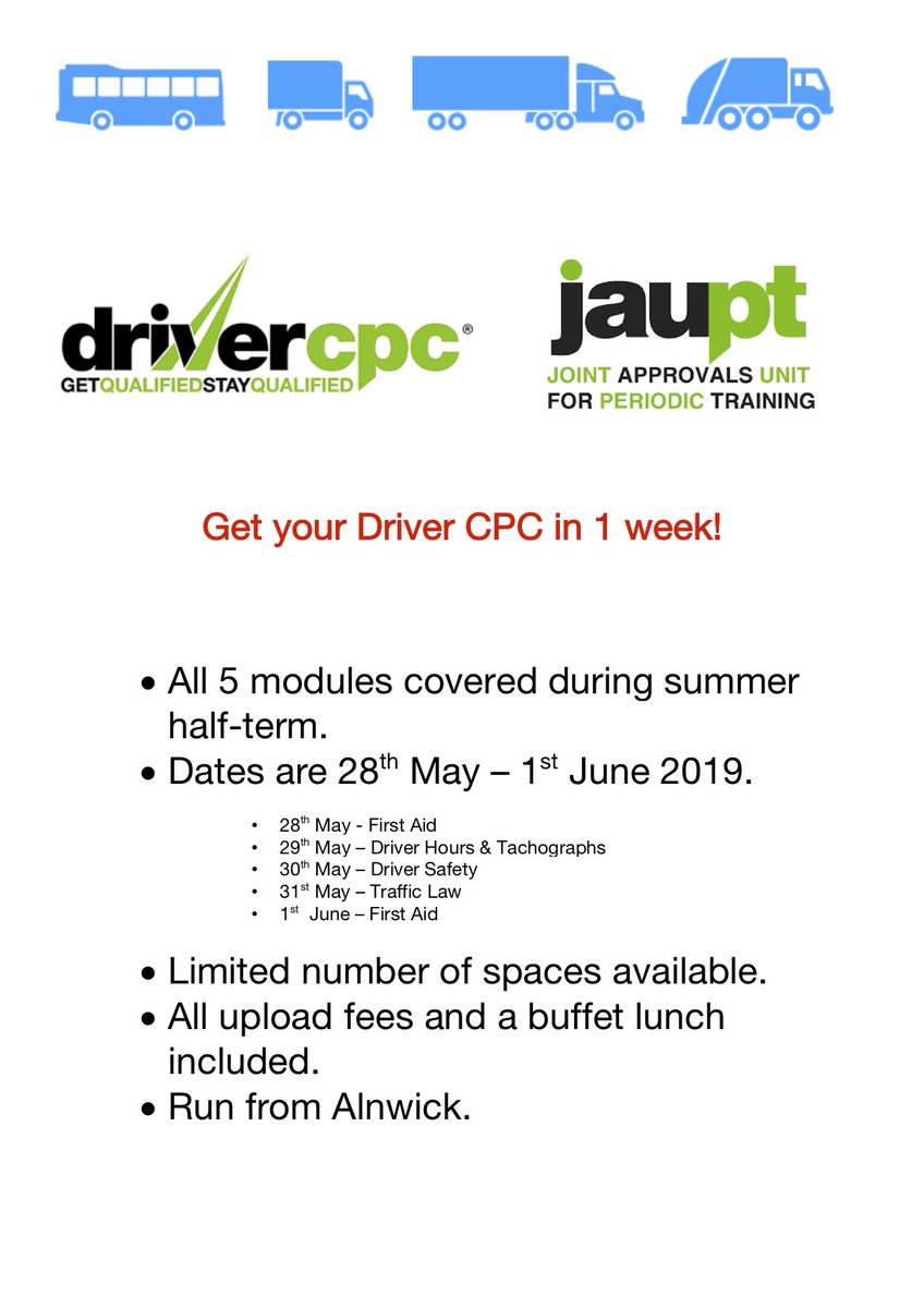 Calling all PSV drivers...(LGV too!!)
 ...still spaces available on our CPC week during half term.
 Get your hours in and relax over the summer before legacy day on the 9th September 2019.